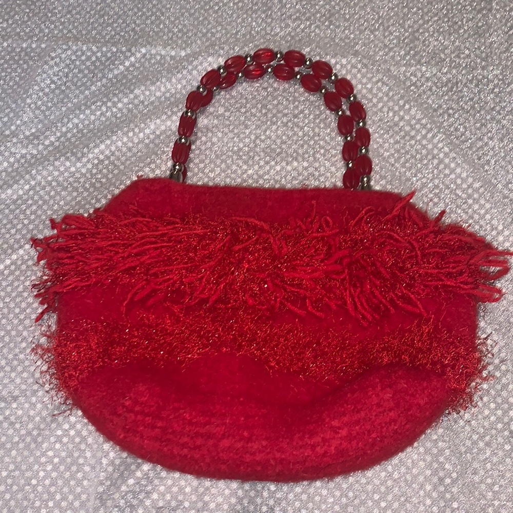 Custom Red Felt Small Purse with Glitter Yarn Trim and Red/Silver Bead Handle